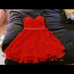Red Strapless Lace Homecoming Dress